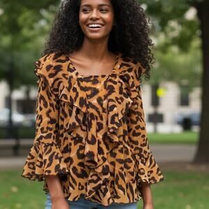 Alberto Makali Ruffle Top Womens Large Caramel Brown Leopard Sequin Bell Sleeve